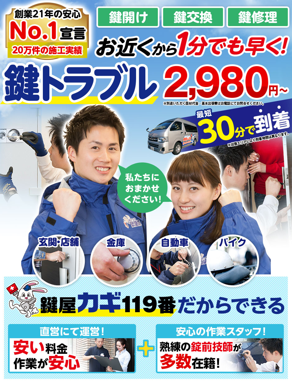 鍵開け|鍵交換|鍵修理|防犯対策|他店より1円でも安く|鍵のトラブル3,000円〜鍵屋カギ119番だからできる|直営にて運営!安い料金作業が安心|安心の作業スタッフ!熟練の錠前技師が多数在籍!